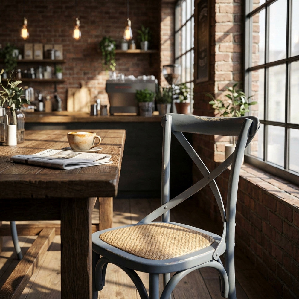 Dettaglio della Sedia Cross Grigia in un ambiente cucina in stile industriale con mattoni a vista.
