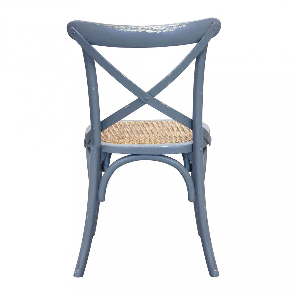 Vista posteriore della Sedia Cross Grigia in legno, con focus sul design a incrocio.