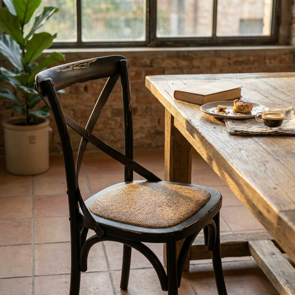 Sedia rustica Cross Nero in legno e rattan ambientata in una sala da pranzo luminosa.