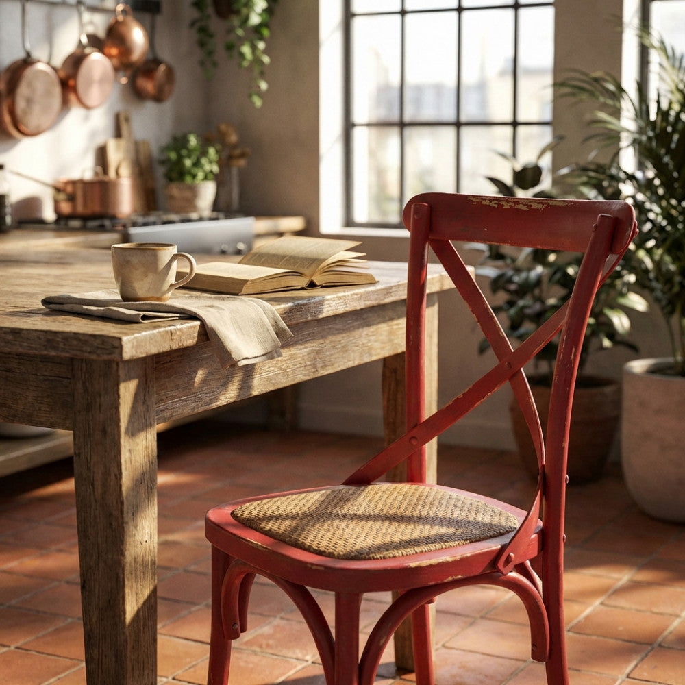 Sedia rustica Cross rossa in legno e rattan ambientata in una cucina luminosa con tavolo in legno.