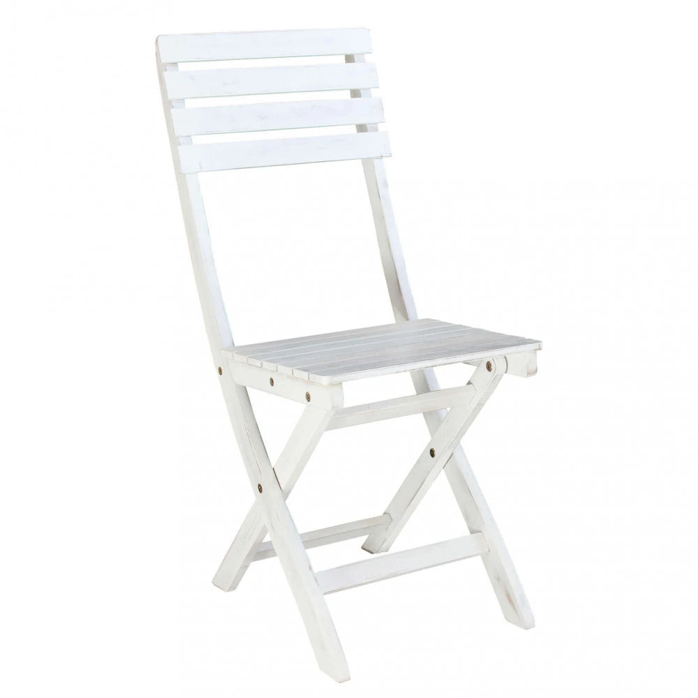 Sedia Dalila Bianca ripieghevole in Legno di Acacia massiccio, design senza braccioli per esterni.