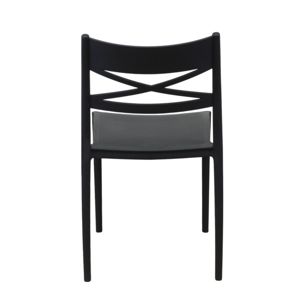 Vista frontale diretta della sedia DARLEEN grigio scuro, focalizzata sulla seduta ergonomica e sullo schienale dal design geometrico.