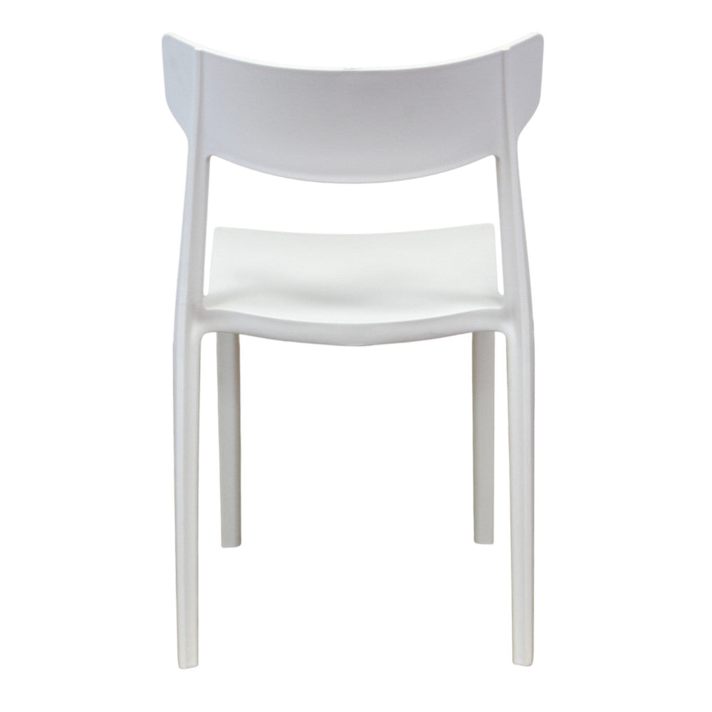 Vista posteriore dritta della sedia bianca, che sottolinea la simmetria e il design minimalista della struttura.