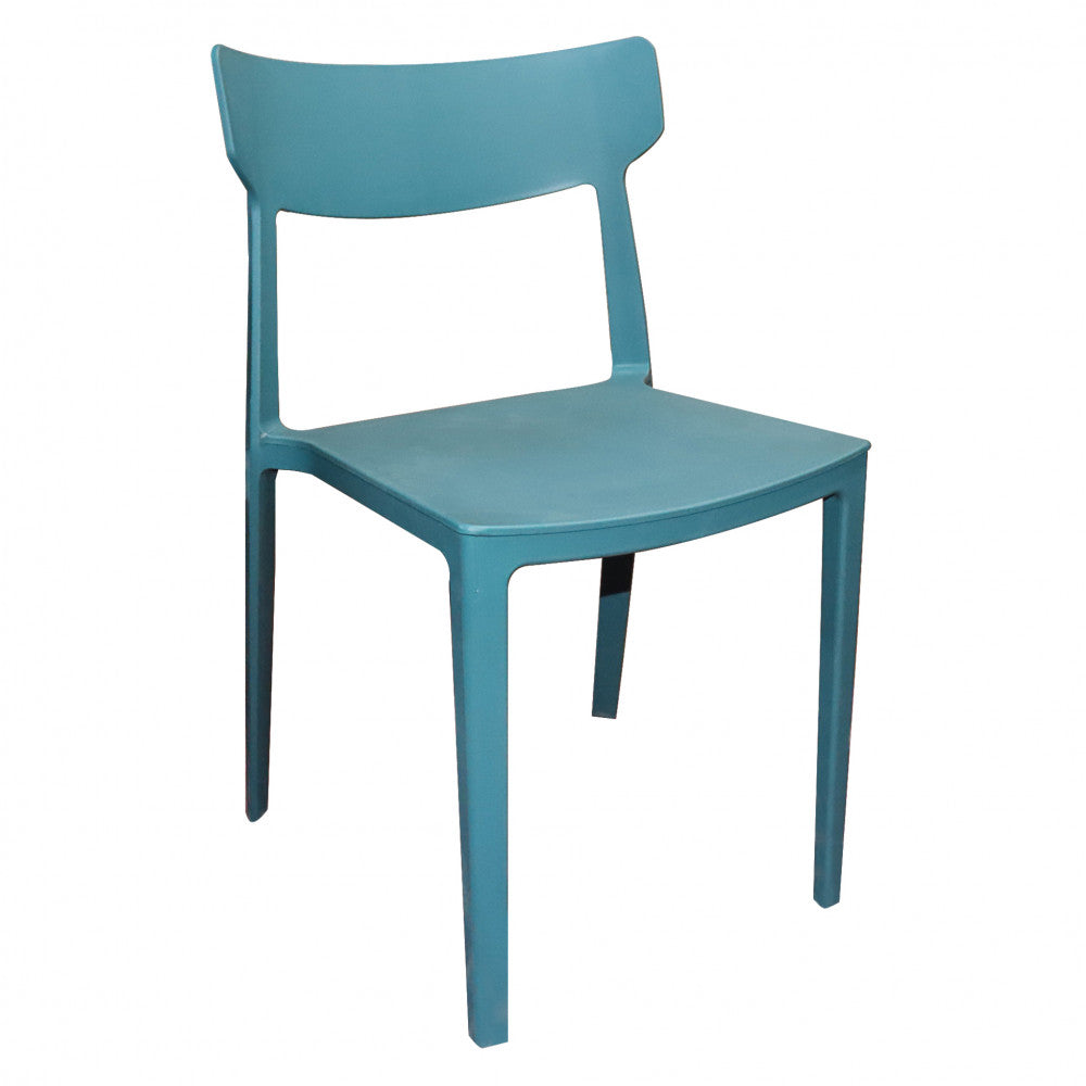 Vista frontale e laterale della sedia Debby in polipropilene blu su sfondo bianco, che ne evidenzia il design minimalista.