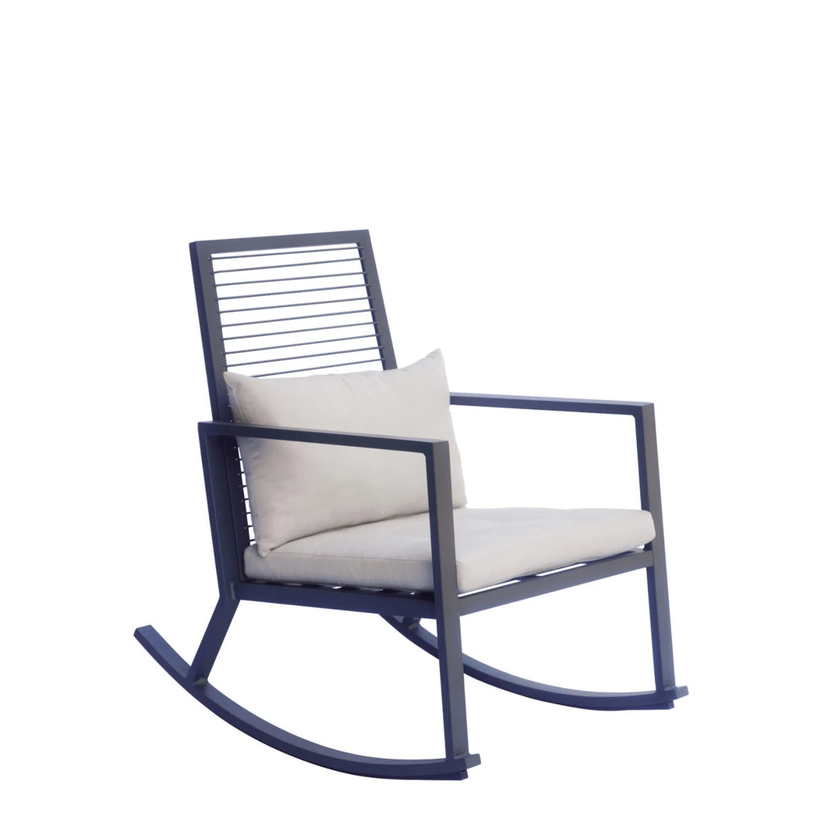 Sedia a dondolo Antracite con struttura in alluminio, schienale in corda e cuscino imbottito per giardino e terrazzo.