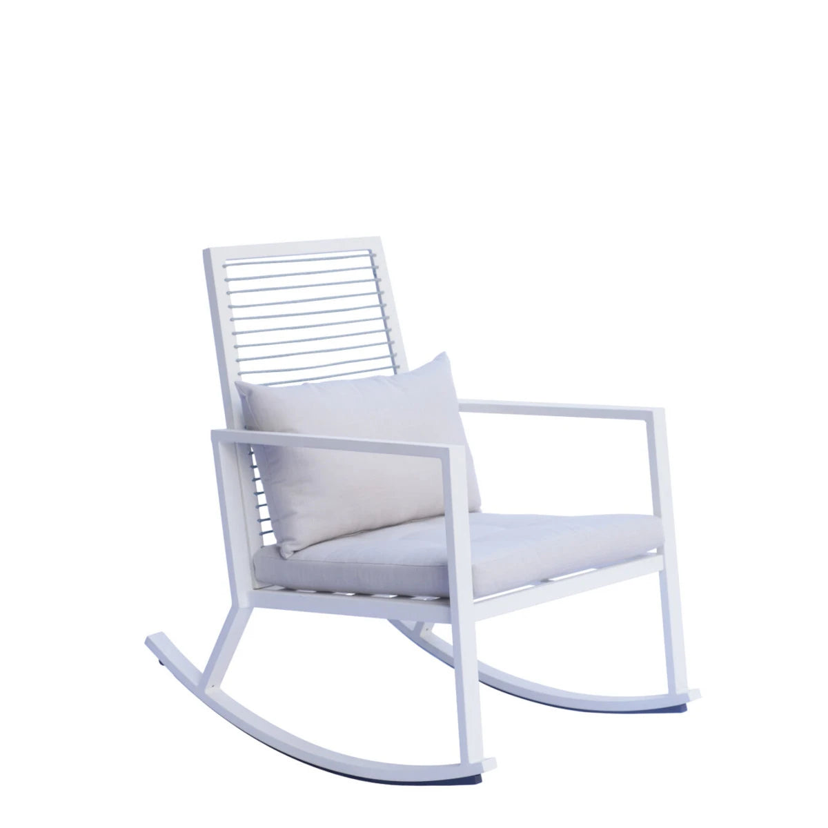 Sedia a dondolo Bianca con struttura in alluminio, schienale in corda e cuscino imbottito per giardino e terrazzo.
