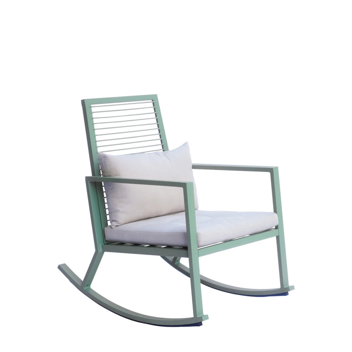 Sedia a dondolo Verde con struttura in alluminio, schienale in corda e cuscino imbottito per giardino e terrazzo.