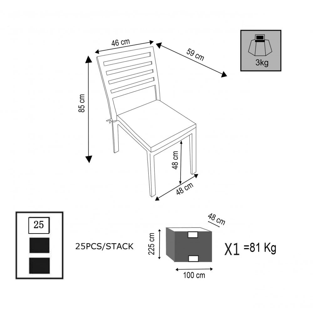 Sedia Formentera Bianca in alluminio con cuscino Taupe incluso, design moderno e antiruggine per esterni, misure e schema