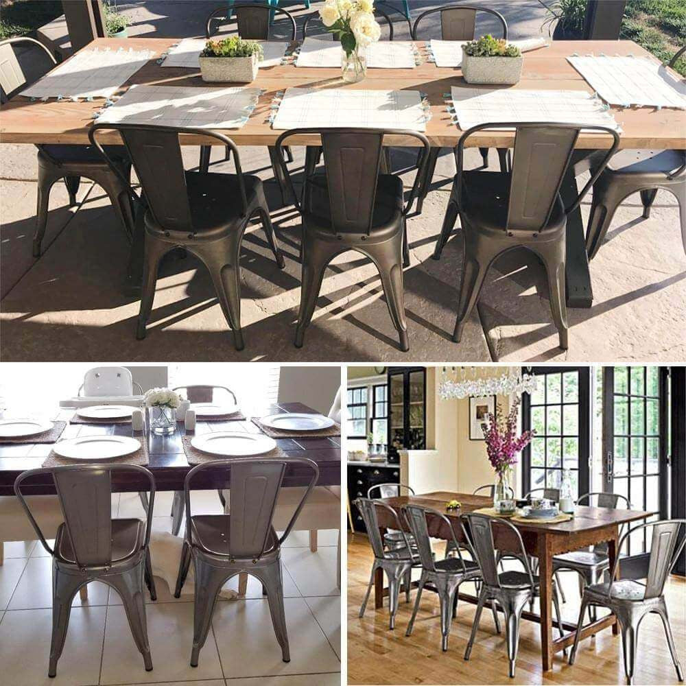Composizione di tre immagini che mostrano la sedia Gardena in acciaio nero utilizzata in diversi contesti di interior design.