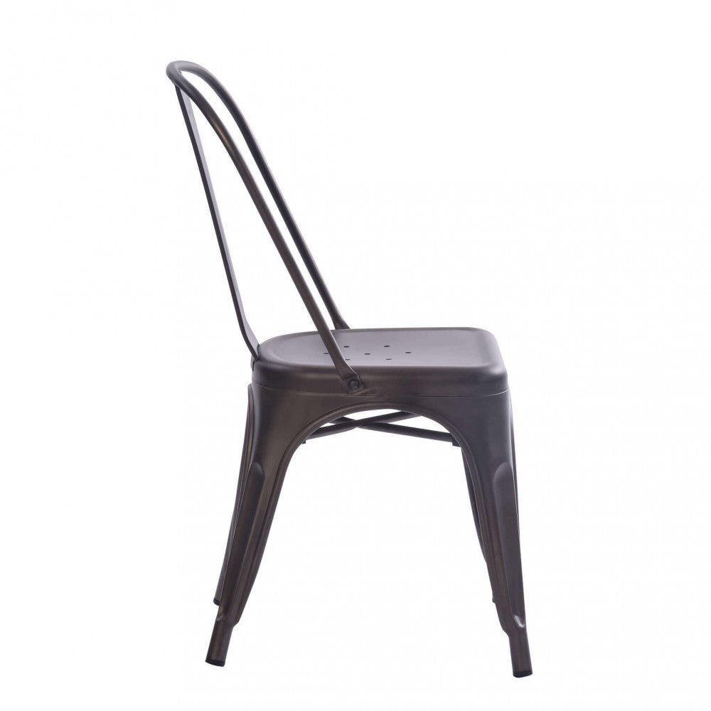 Profilo laterale della sedia Gardena in acciaio nero, evidenziando l'inclinazione ergonomica e i rinforzi strutturali.
