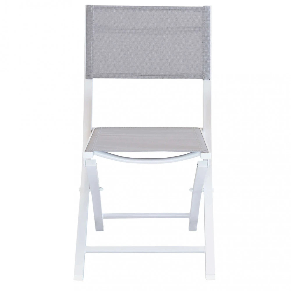 Sedia pieghevole bianca da giardino in alluminio e textilene, design moderno, vista frontale