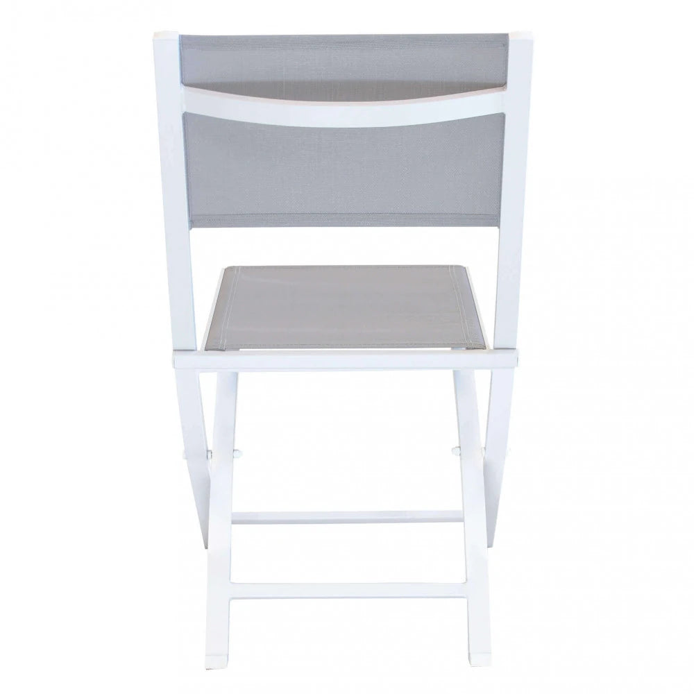 Sedia pieghevole bianca da giardino in alluminio e textilene, design moderno, vista posteriore