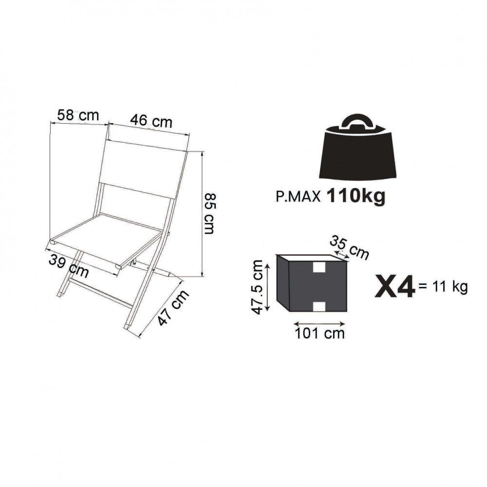 Disegno tecnico della sedia Georgia con quote dimensionali dettagliate, inclusa altezza di 85 cm e portata massima di 110 kg.