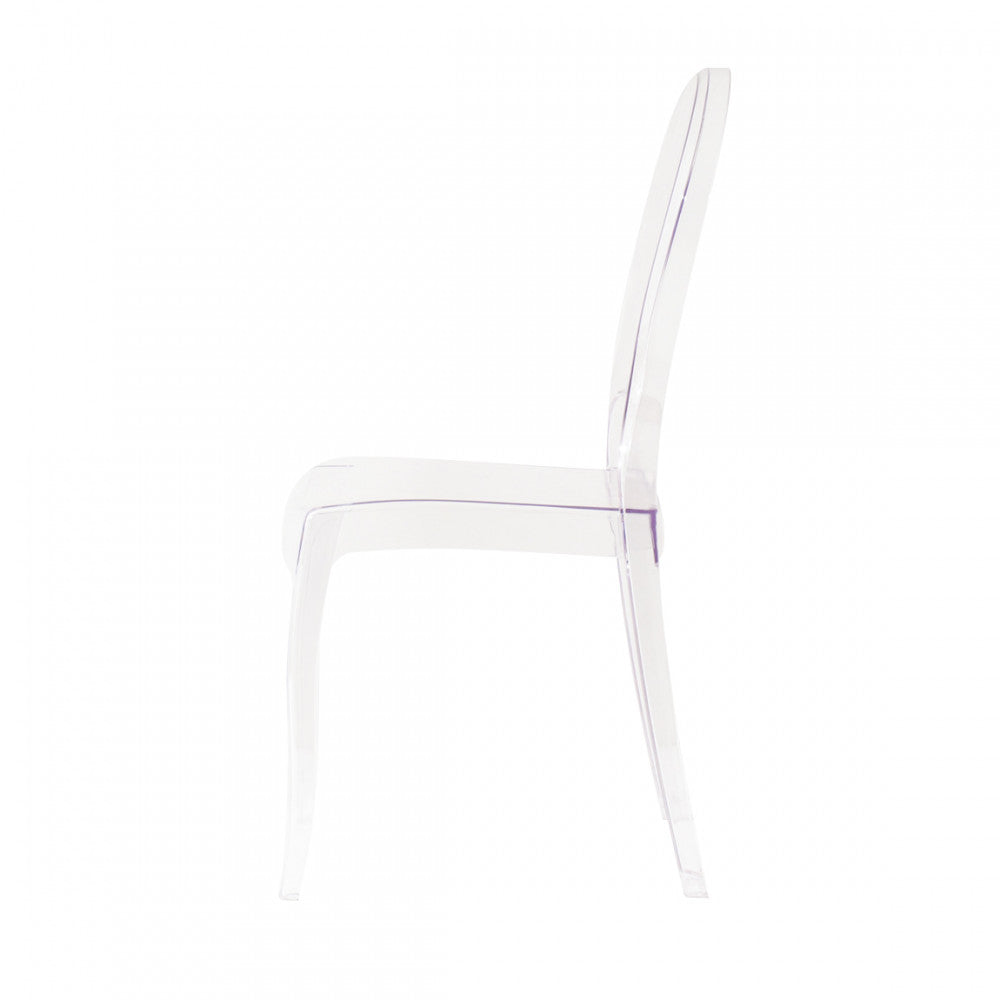 Primo piano della finitura trasparente e della forma dello schienale della Sedia Halles panoramica sinistra