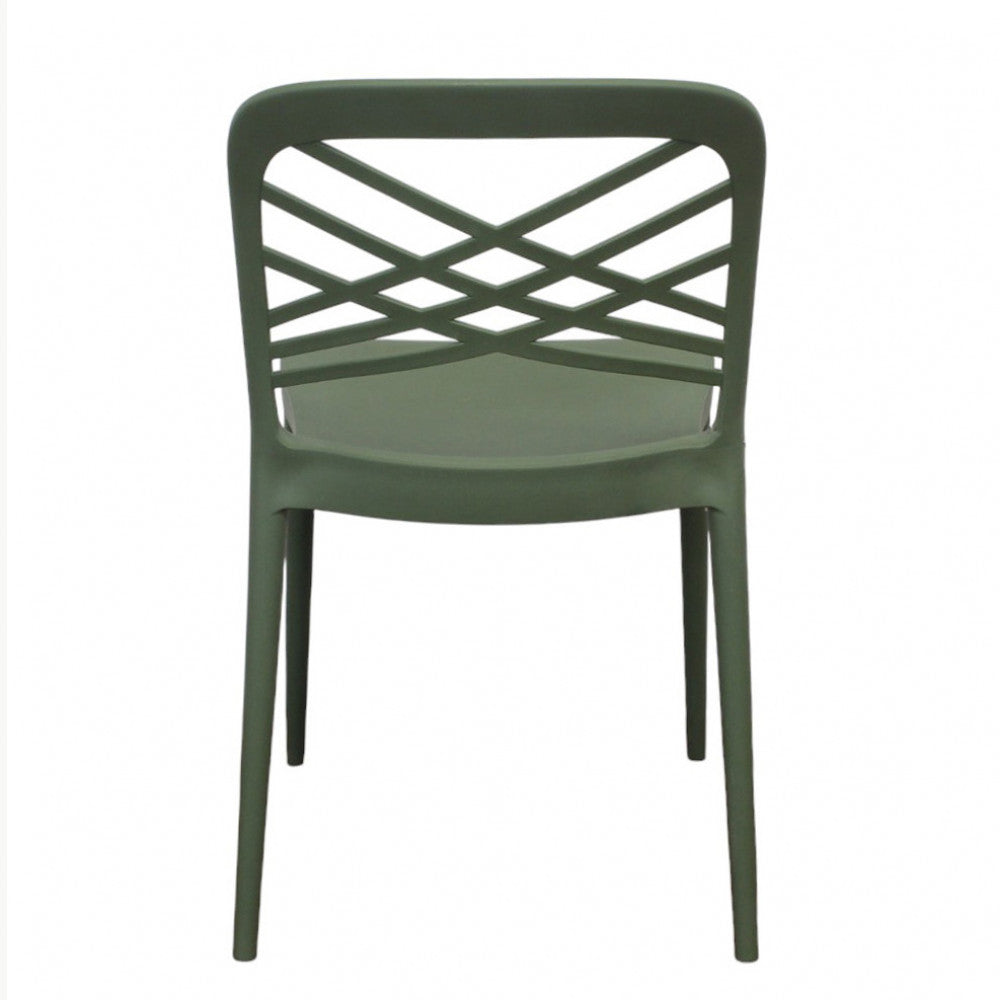 Vista posteriore diretta della sedia HARMONIE verde, che mostra il design geometrico dello schienale.