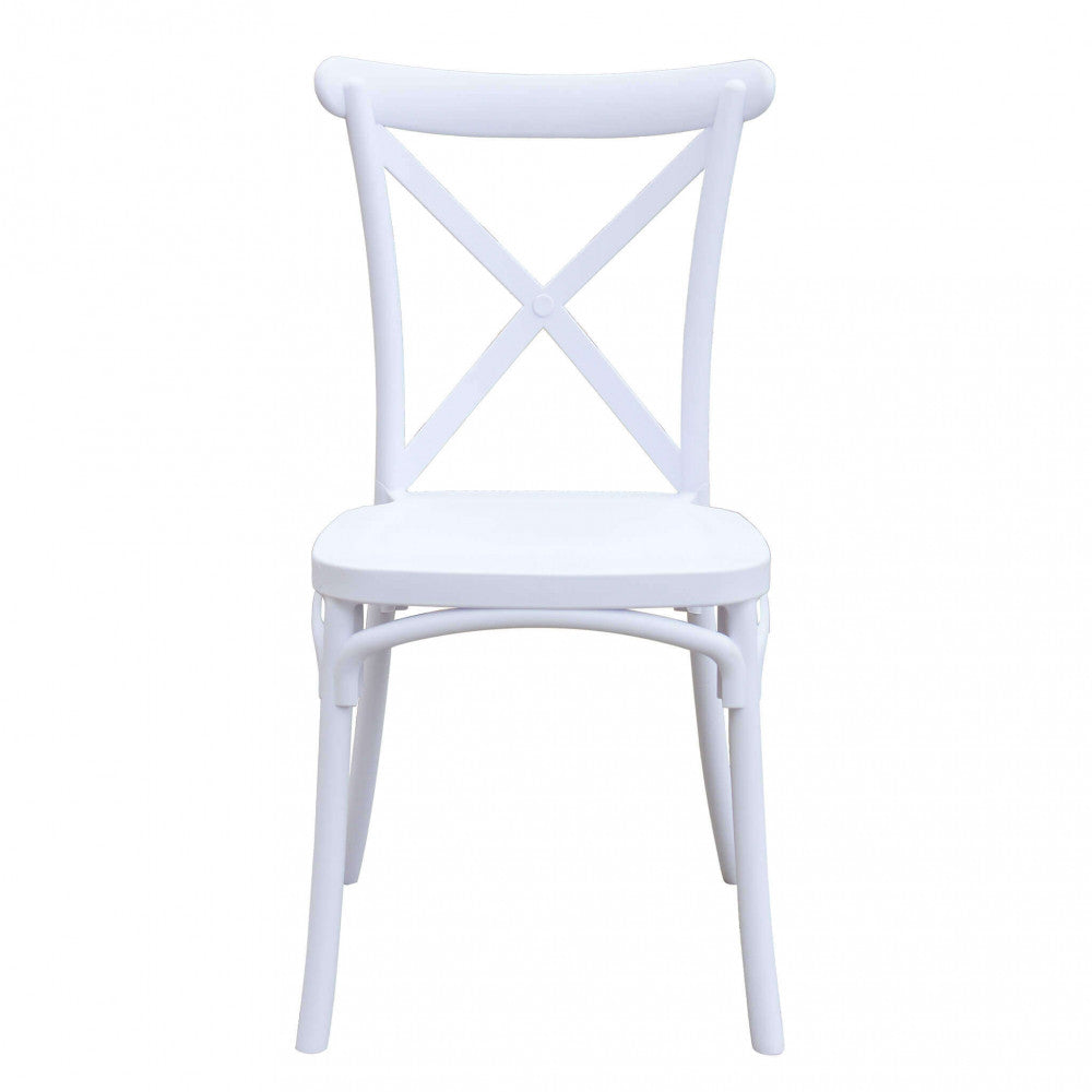 Sedia da Esterno Impilabile Shelly color bianco con schienale a croce modello trattoria, realizzata in polipropilene.