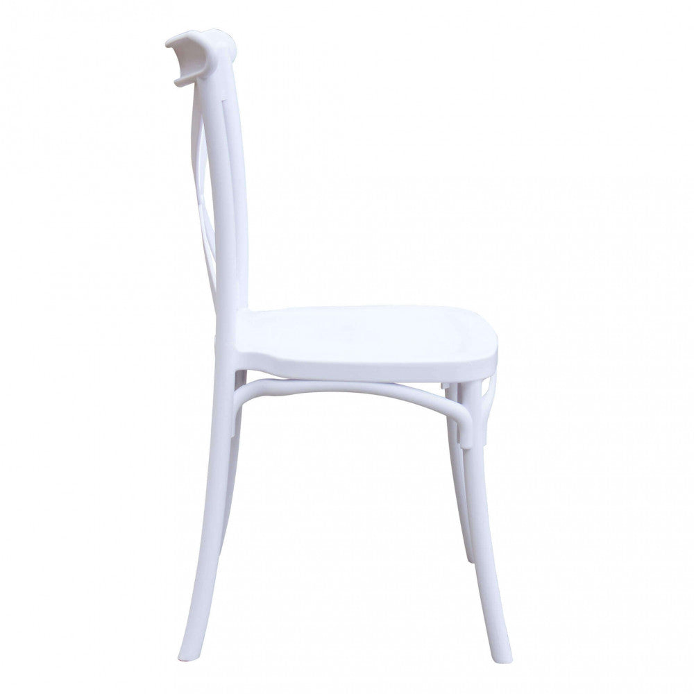 Sedia da Esterno Impilabile Shelly color bianco con schienale a croce modello trattoria, realizzata in polipropilene.