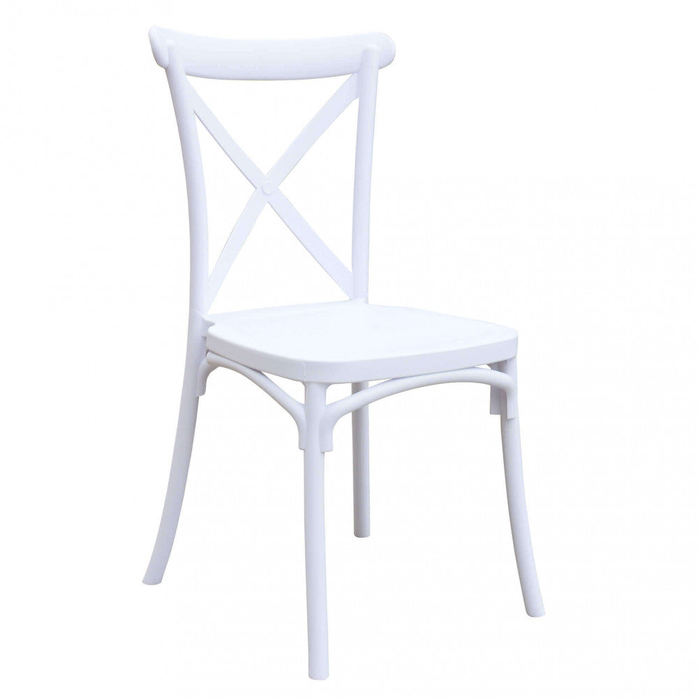 Sedia da Esterno Impilabile Shelly color bianco con schienale a croce modello trattoria, realizzata in polipropilene.
