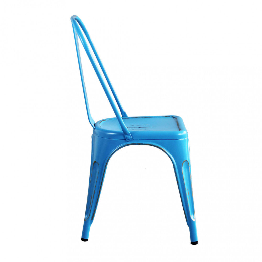 Profilo laterale della sedia Lola, mostrando l'inclinazione ergonomica dello schienale in acciaio.