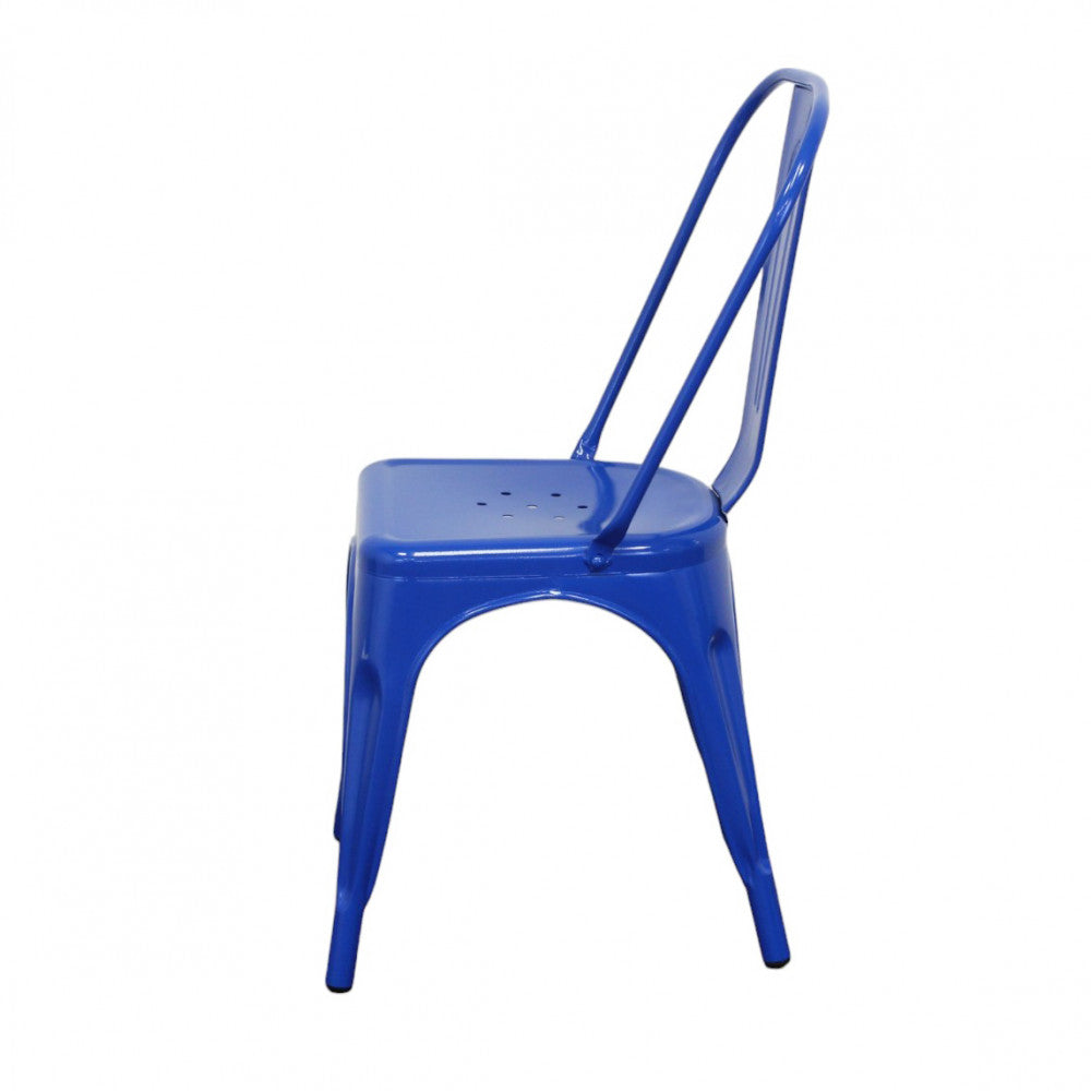 Profilo laterale della sedia industriale Lola azzurra, mostrando l'inclinazione ergonomica.