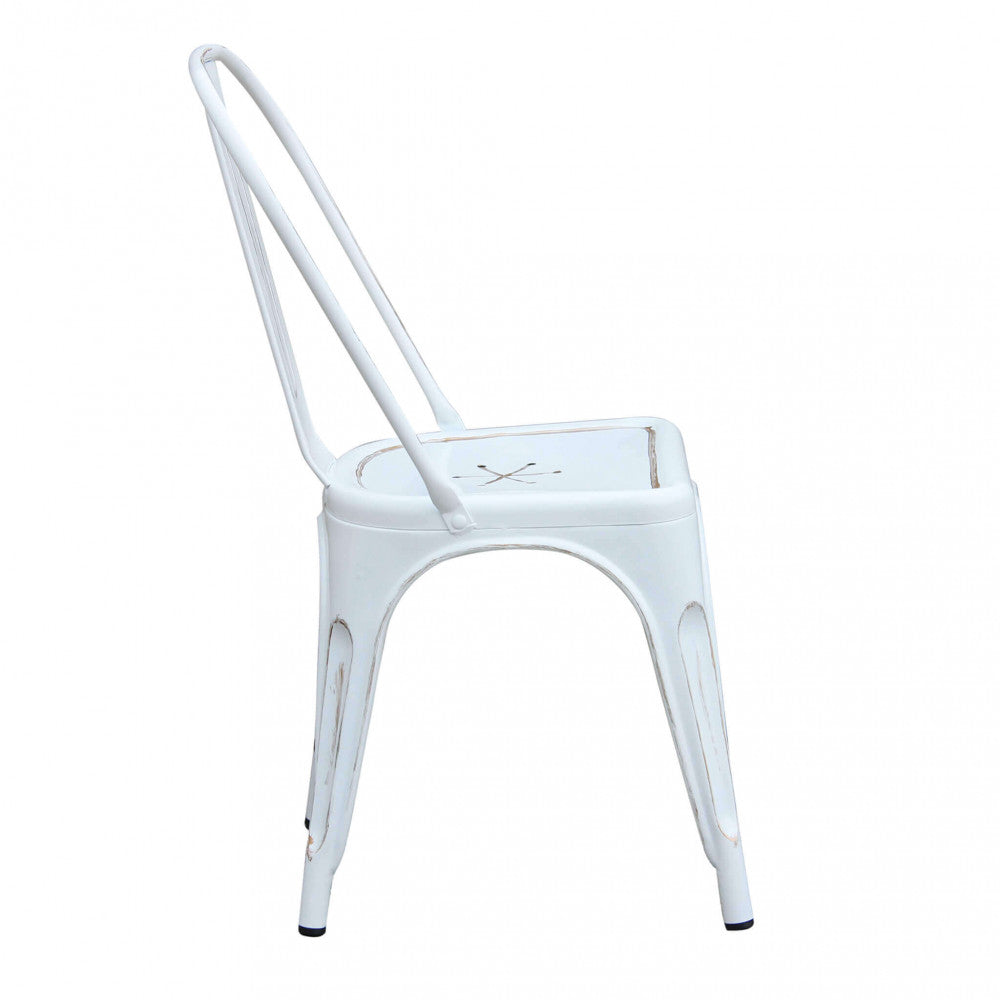 Profilo laterale della sedia Lola in acciaio bianco antico, che mostra l'inclinazione ergonomica dello schienale.