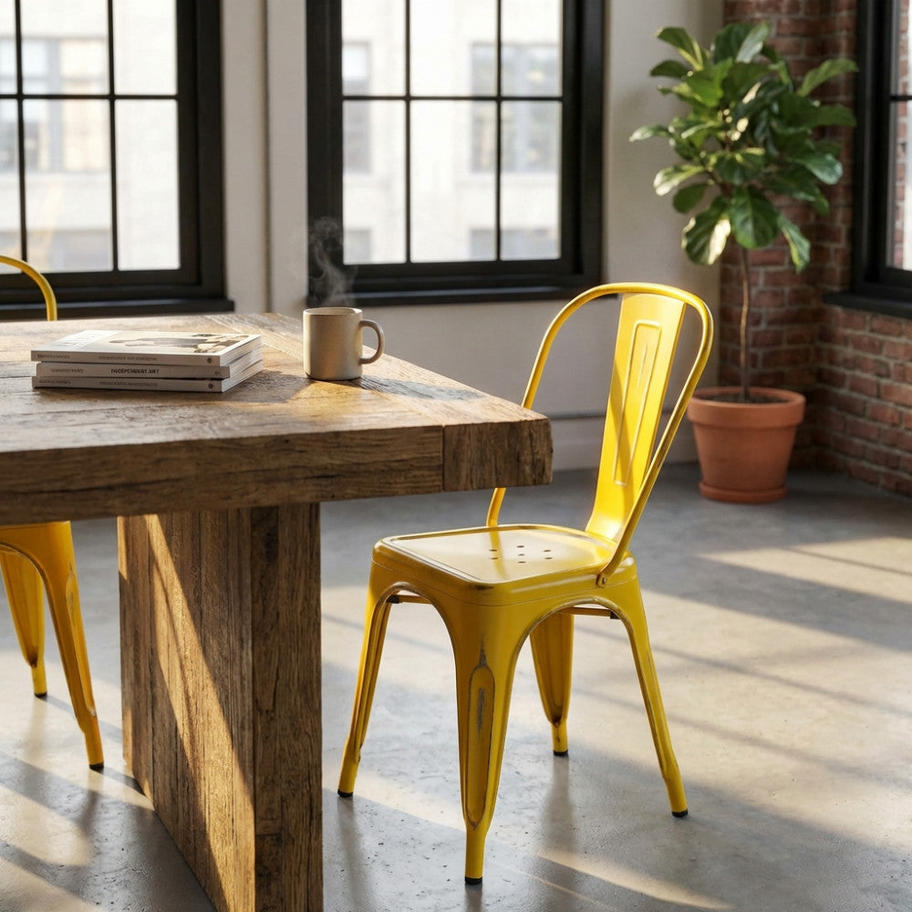 Sedia in stile industriale giallo antico vicino a un tavolo rustico con tazza fumante e parete in mattoni.