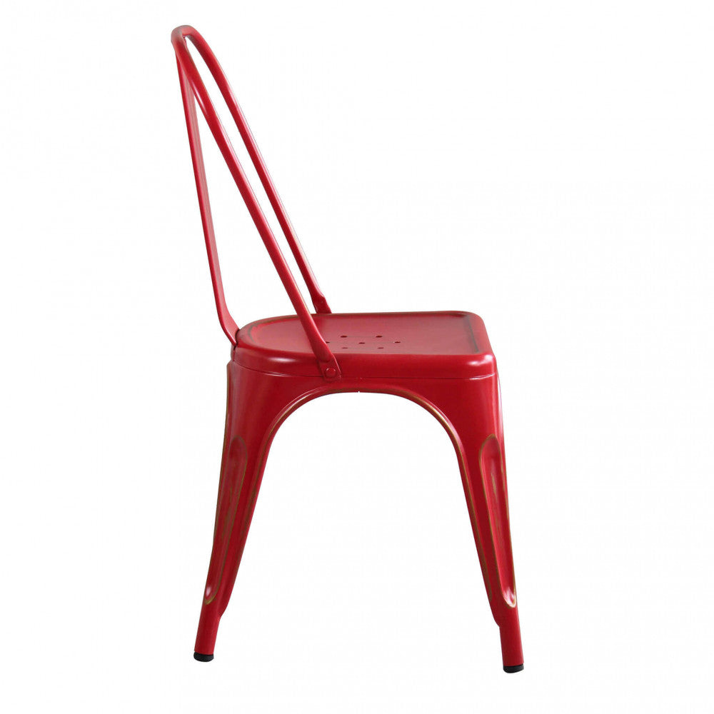 Sedia Lola Red Antico in acciaio rosso, vista laterale su sfondo bianco che evidenzia la curvatura dello schienale.