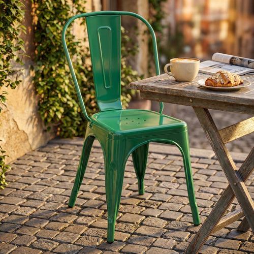 Sedia Lola verde in stile industrial ambientata all'aperto accanto a un tavolo in legno rustico.