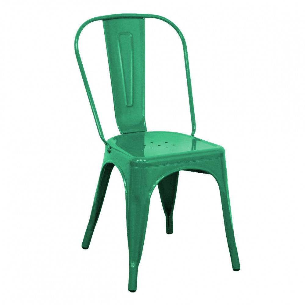Vista angolare della sedia Lola verde che ne evidenzia la struttura senza braccioli.