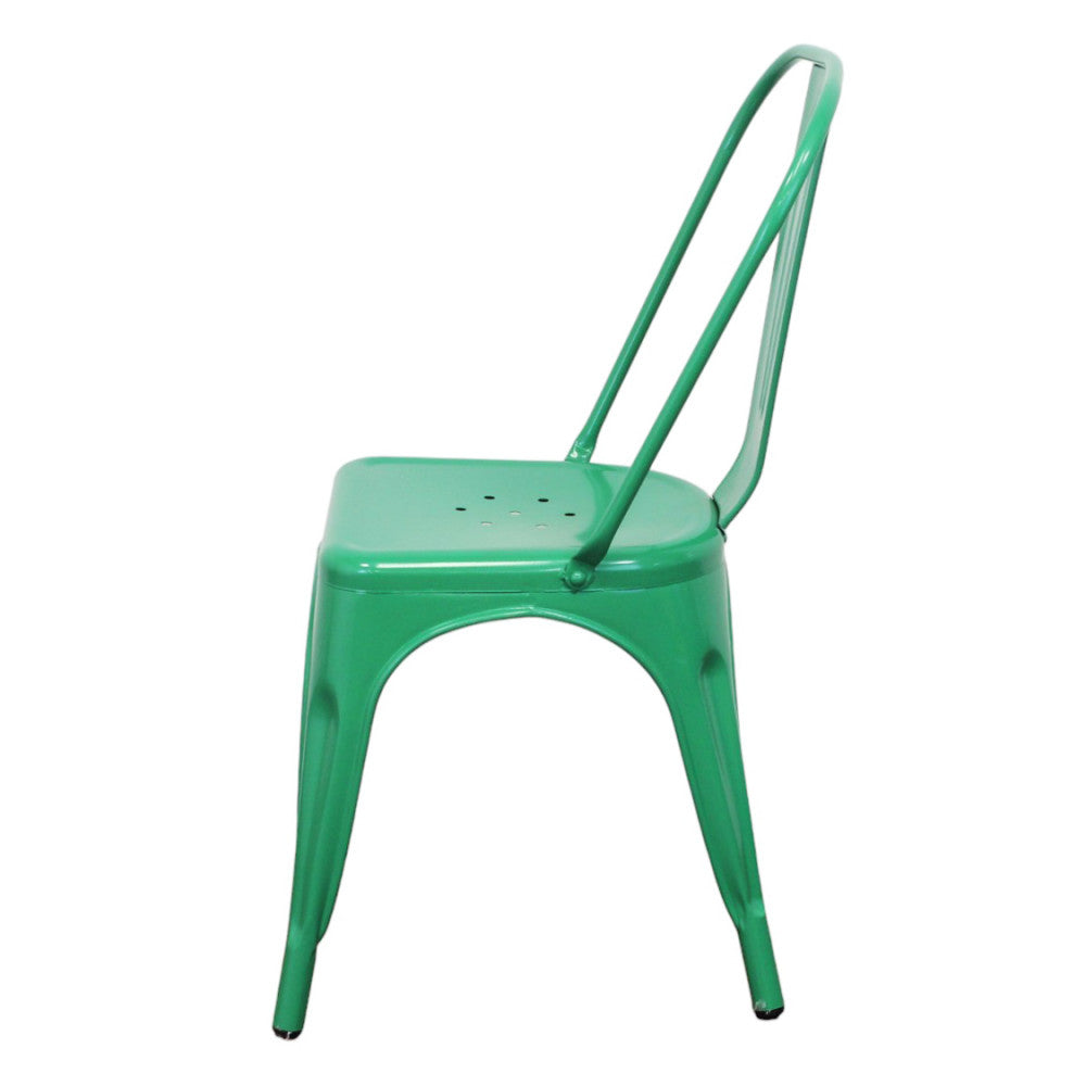 Profilo laterale della sedia Lola verde, che ne esalta l'inclinazione ergonomica dello schienale.
