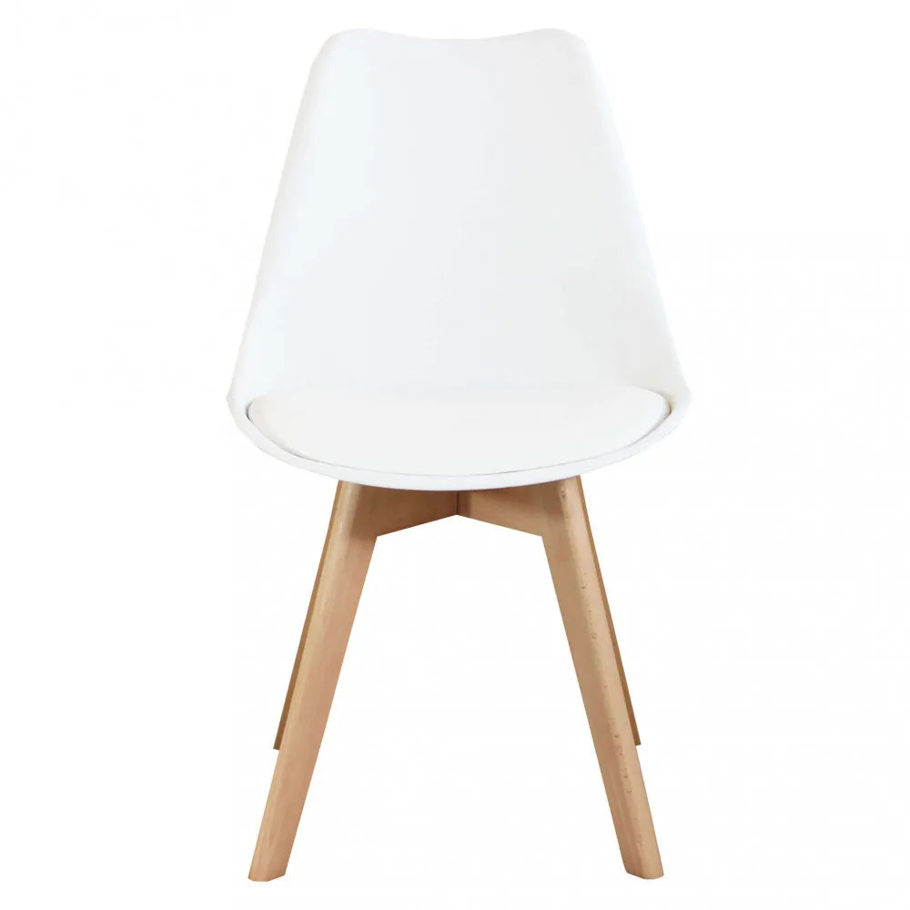 Sedia Marsiglia bianca moderna con gambe in legno di faggio e seduta in polipropilene ergonomico., vista frontale