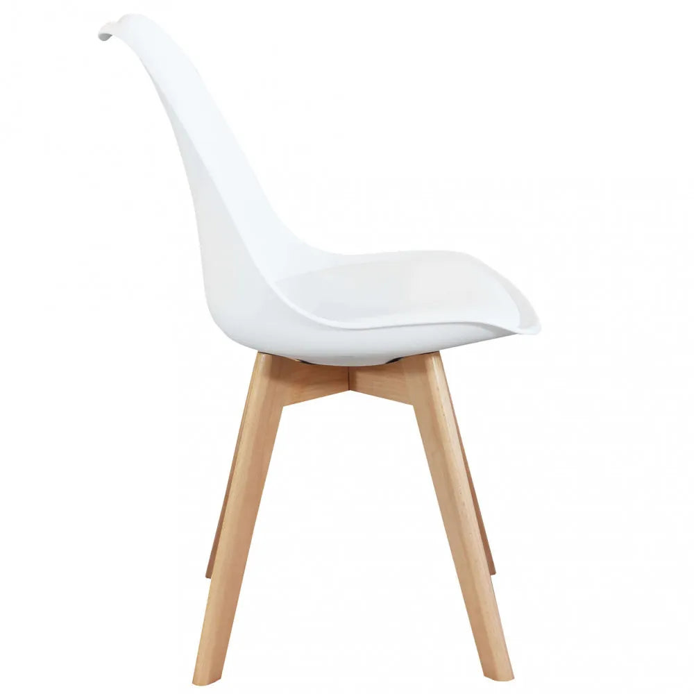 Sedia Marsiglia bianca moderna con gambe in legno di faggio e seduta in polipropilene ergonomico, vista laterale