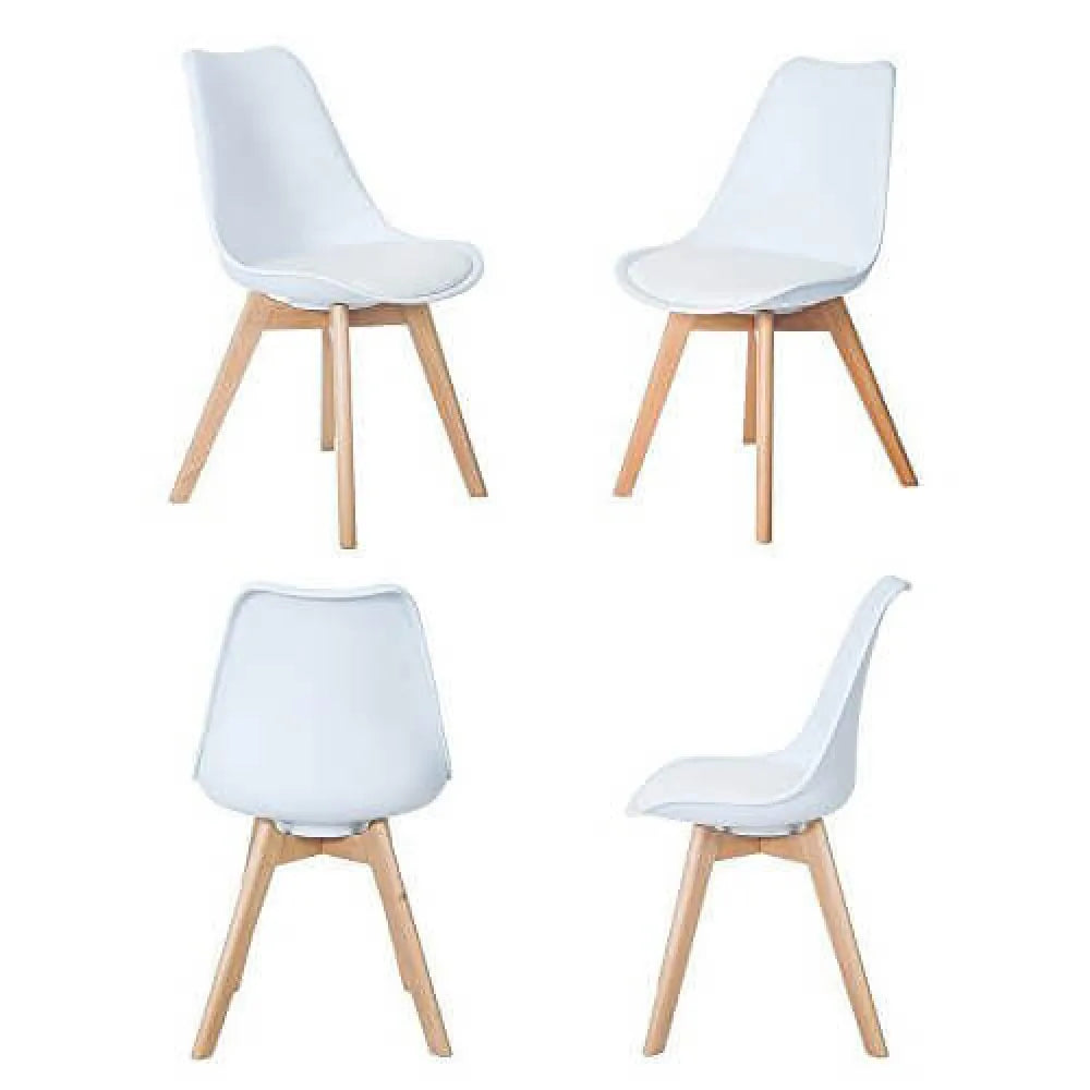 Sedia Marsiglia bianca moderna con gambe in legno di faggio e seduta in polipropilene ergonomico, panoramica insieme 4 viste