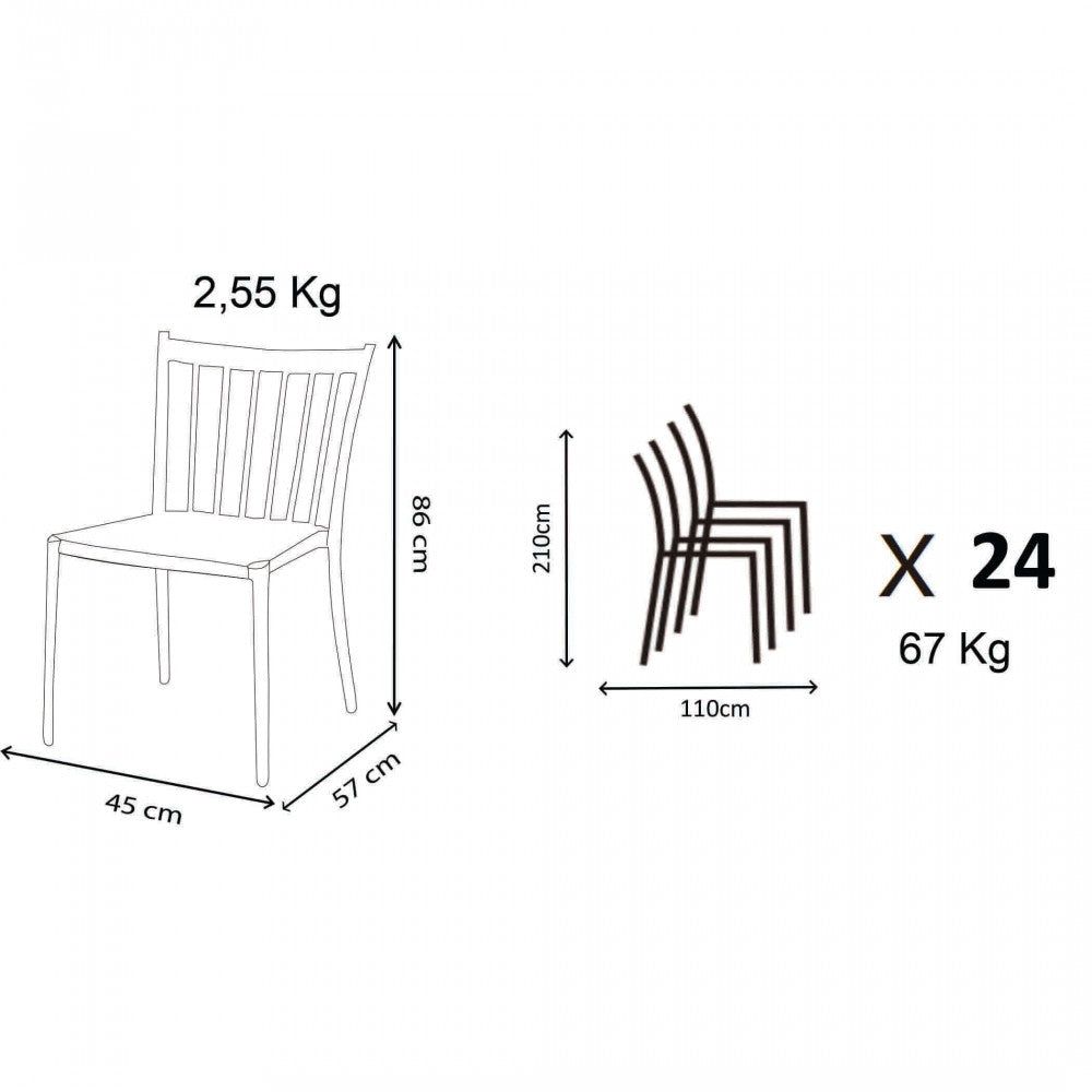 Disegno tecnico della sedia Martinica con quote dimensionali: larghezza 45 cm, profondità 57 cm, altezza 86 cm e peso 2,55 kg, inclusa la vista delle sedie impilate.