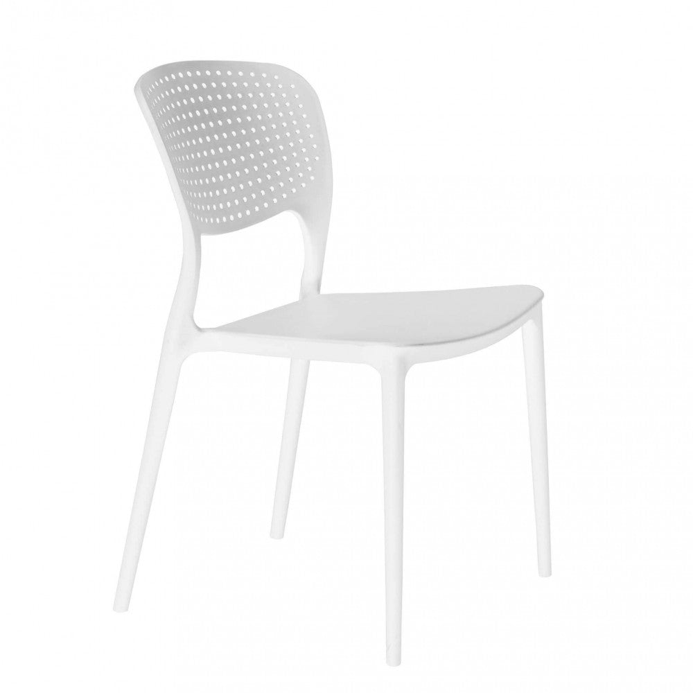 Vista angolare della sedia Mets in plastica bianca, che evidenzia la curvatura ergonomica dello schienale e la finitura liscia.