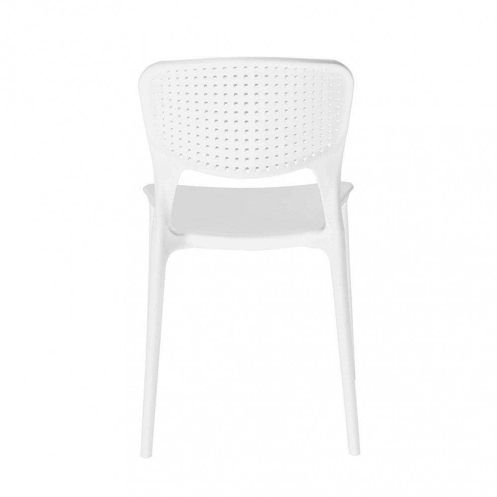 Vista posteriore della sedia Mets in plastica bianca, con dettaglio del pattern traforato che alleggerisce la struttura.