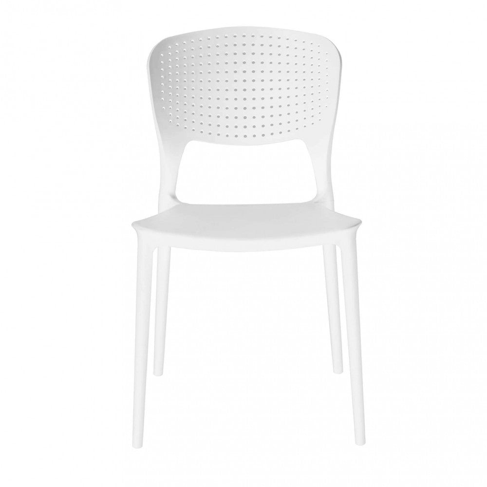 Vista frontale della sedia Mets in plastica bianca, mostrando l'ampia seduta e il design senza braccioli.