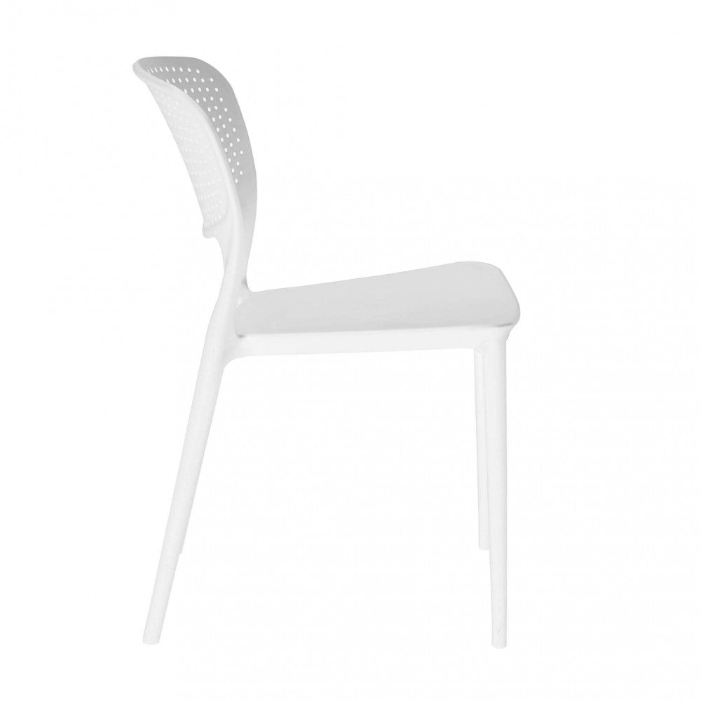 Profilo laterale della sedia Mets in plastica bianca, che sottolinea la linea slanciata e minimalista delle gambe.