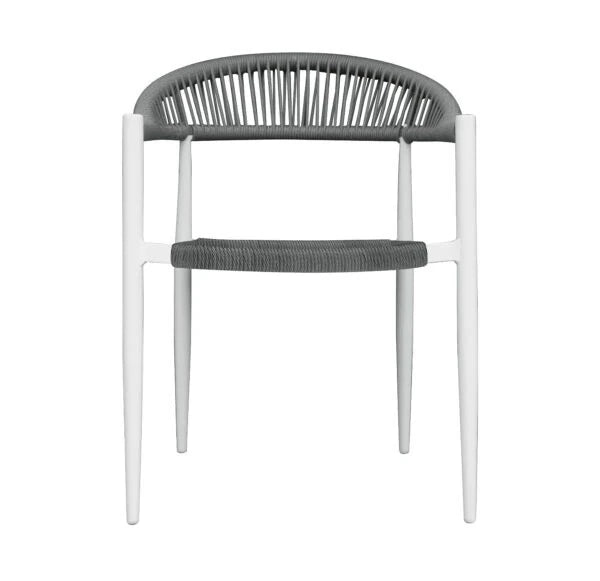 Sedia Contract Milano con braccioli, struttura Alluminio e seduta in Twist Wicker 5mm Bianco e Grigio, ideale per esterni, vista frontale