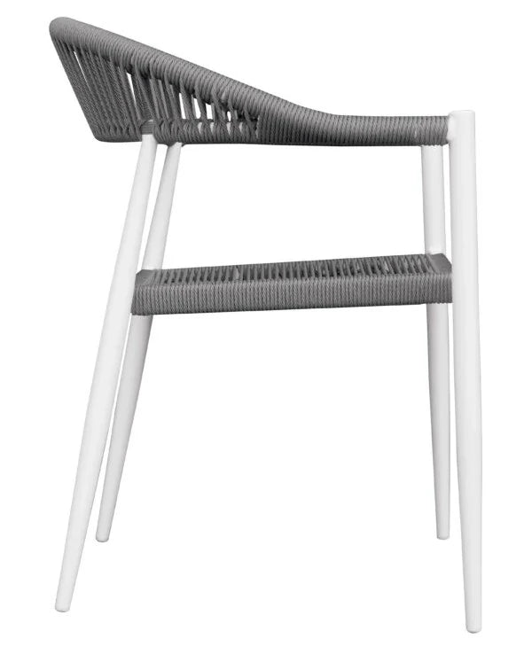 Sedia Contract Milano con braccioli, struttura Alluminio e seduta in Twist Wicker 5mm Bianco e Grigio, ideale per esterni, vista laterale