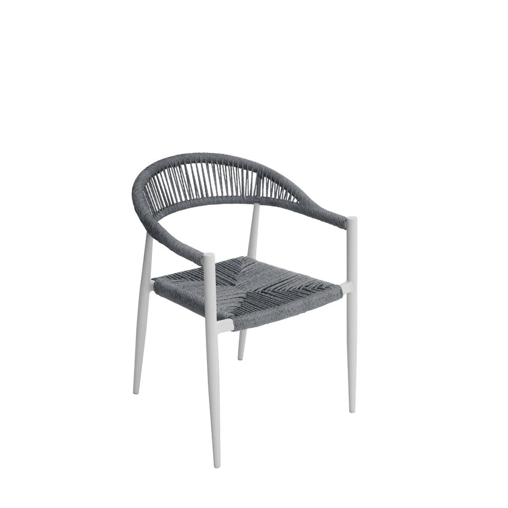 Sedia Contract Milano con braccioli, struttura Alluminio e seduta in Twist Wicker 5mm Bianco e Grigio, ideale per esterni.