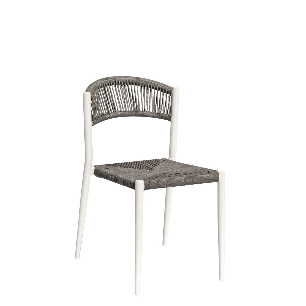 Sedia Contract Milano senza braccioli, struttura Alluminio e seduta in Twist Wicker 5mm Bianco e Grigio, ideale per esterni.