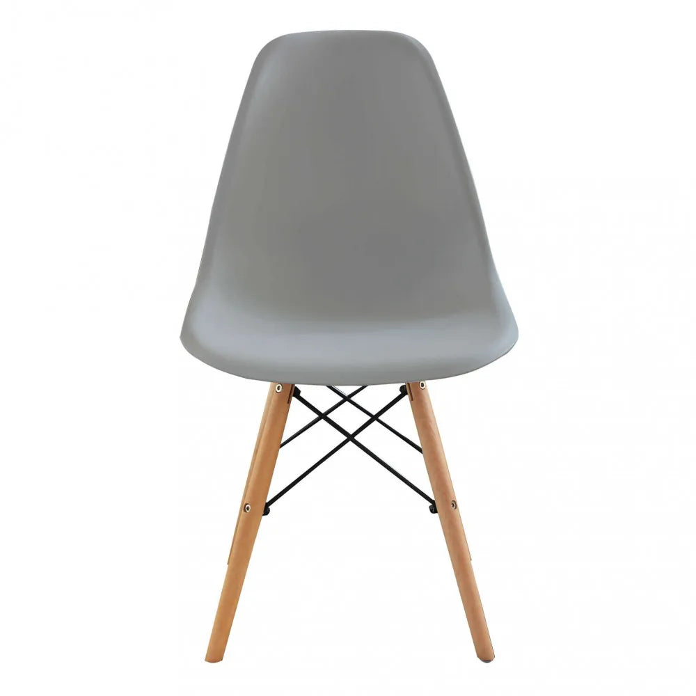 Sedia Moritz grigia senza braccioli, seduta in ABS e gambe in legno, design nordico, vista frontale