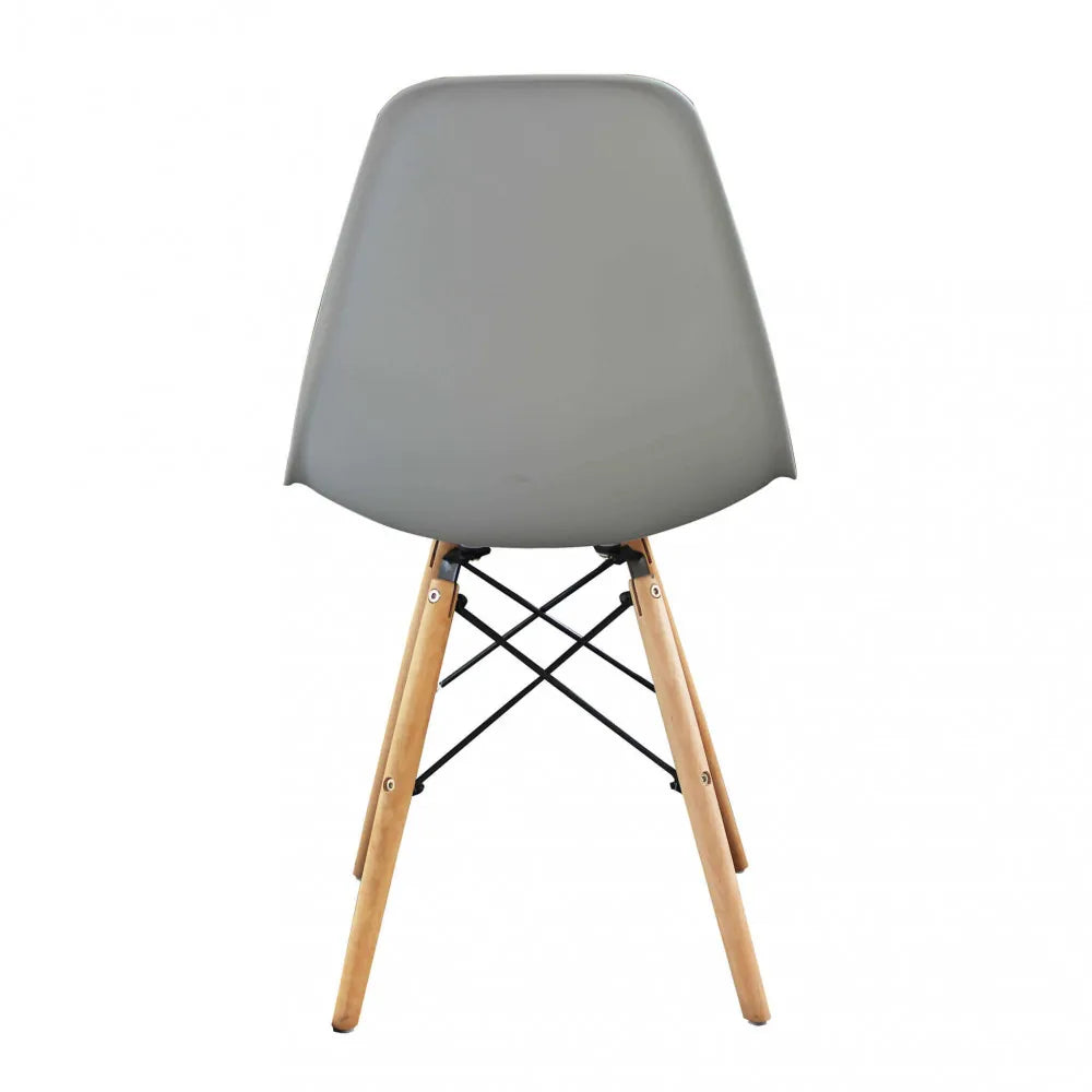 Sedia Moritz grigia senza braccioli, seduta in ABS e gambe in legno, design nordico, panoramica posteriore