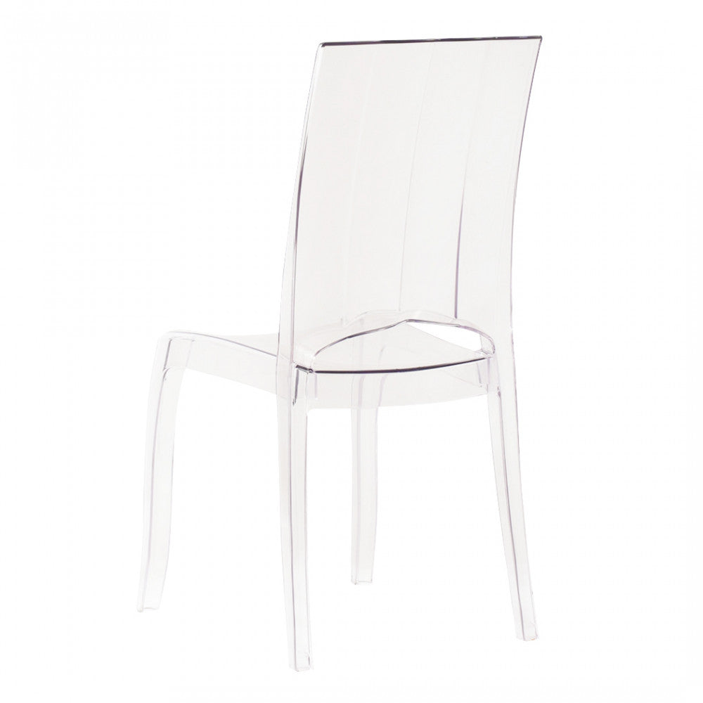 Sedia Paris in policarbonato trasparente, con design elegante e gambe affusolate, vista laterale dal retro
