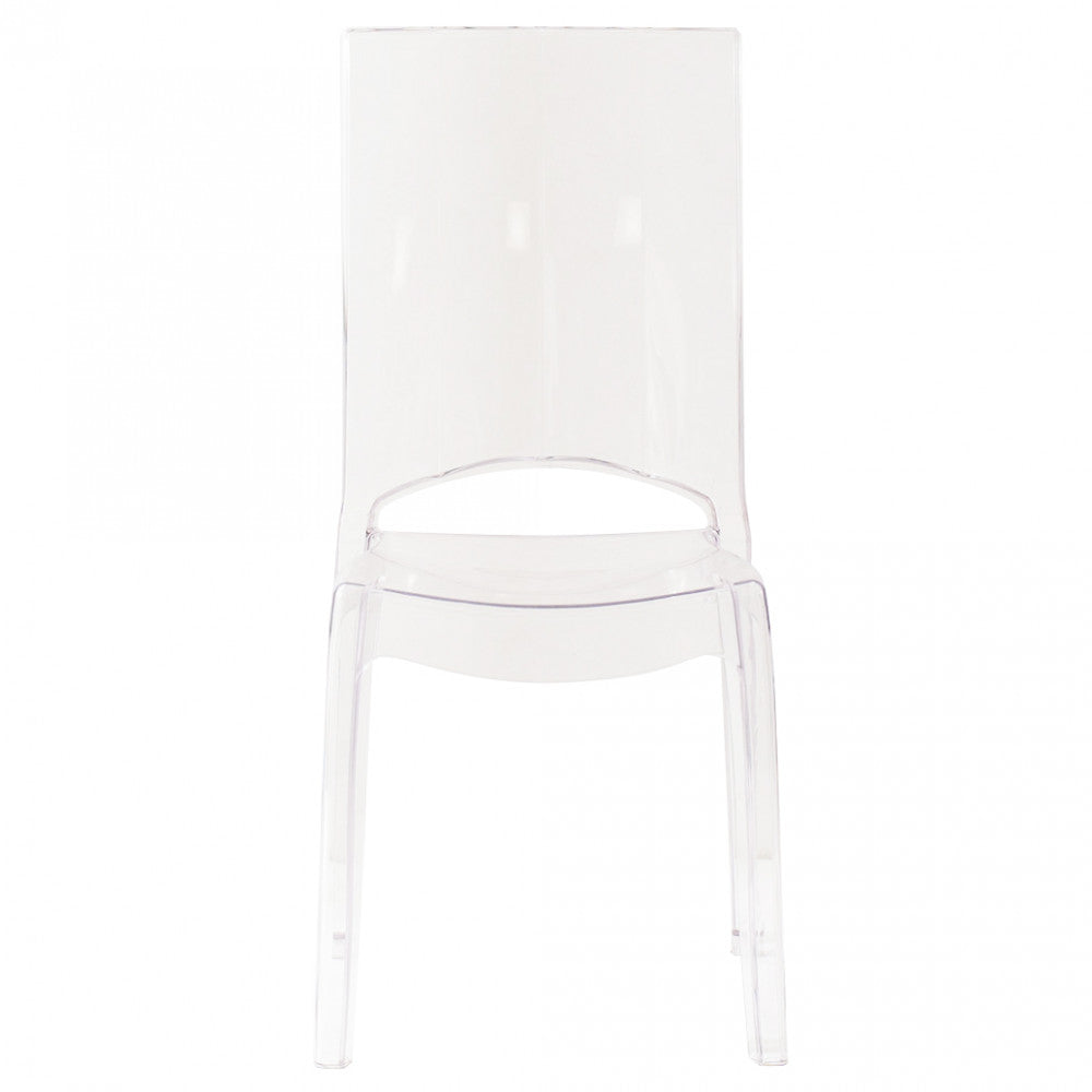 Sedia Paris in policarbonato trasparente, con design elegante e gambe affusolate, vista laterale