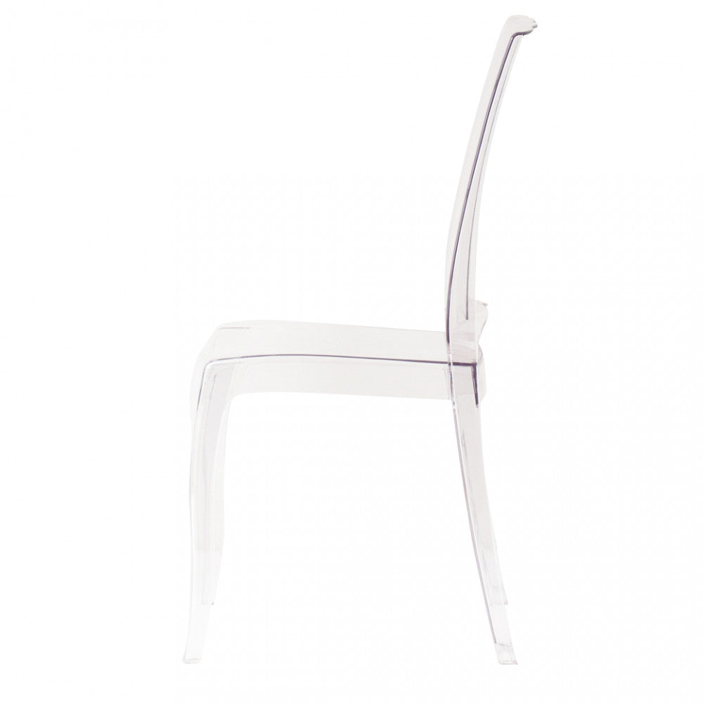Sedia Paris in policarbonato trasparente, con design elegante e gambe affusolate, vista panoramica sinistra