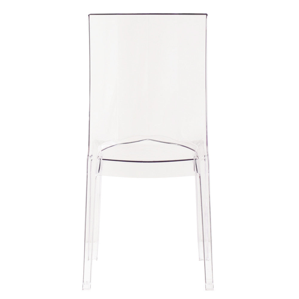 Sedia Paris in policarbonato trasparente, con design elegante e gambe affusolate, vista dal retro