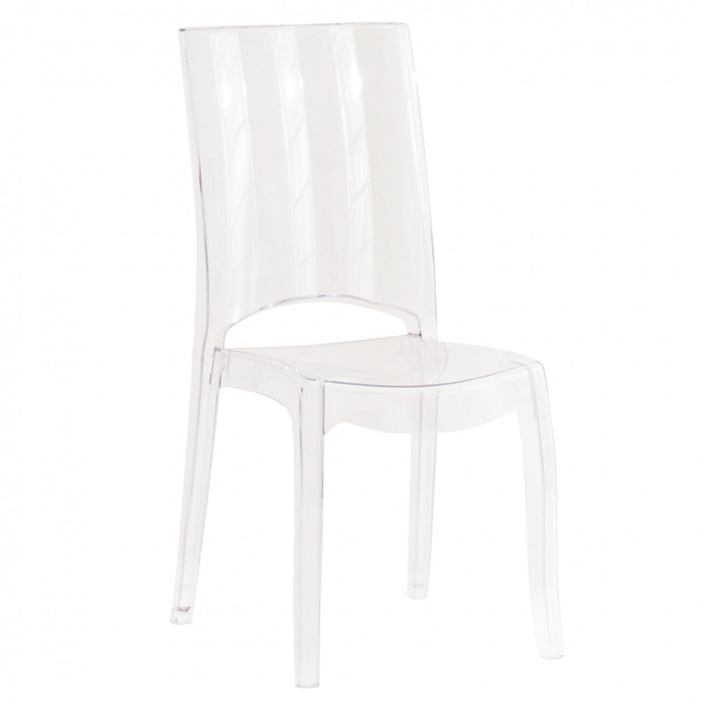 Sedia Paris in policarbonato trasparente, con design elegante e gambe affusolate, vista Sinistra.