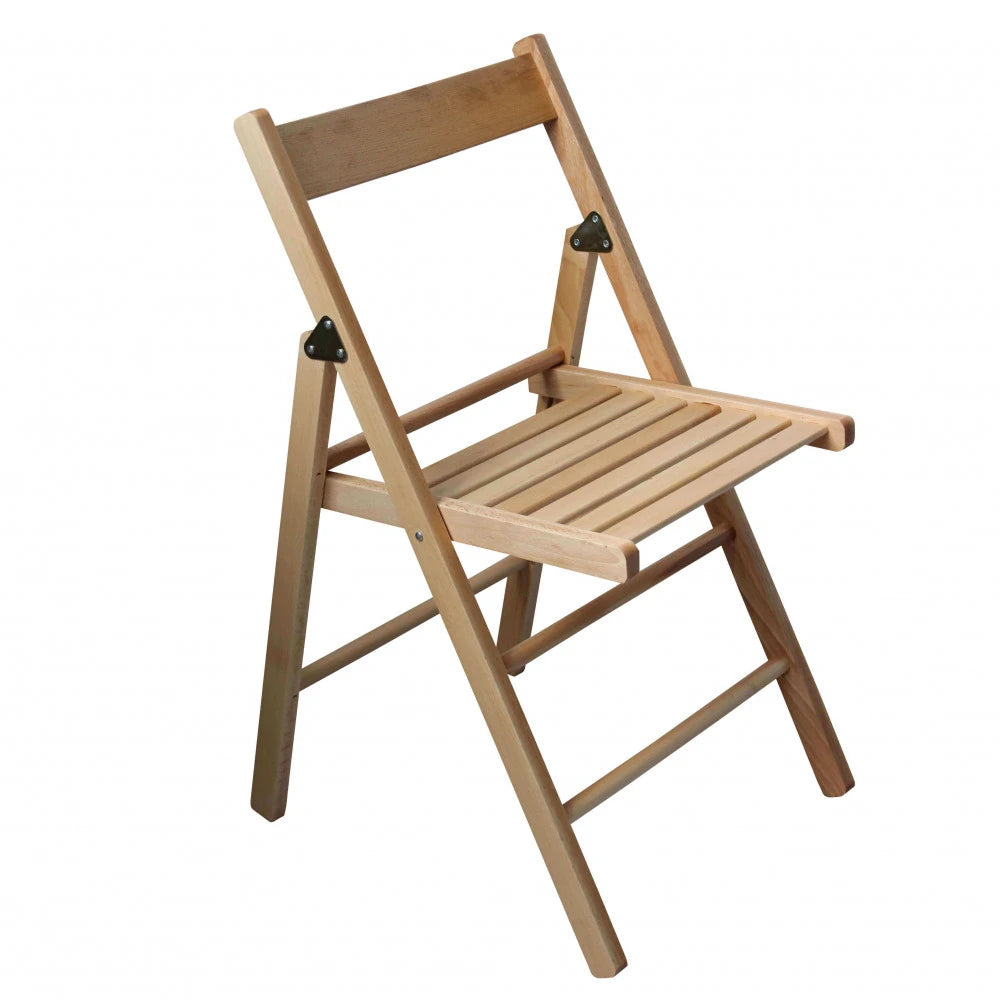 Sedia pieghevole in legno di faggio, colore naturale, soluzione robusta e salvaspazio per eventi.